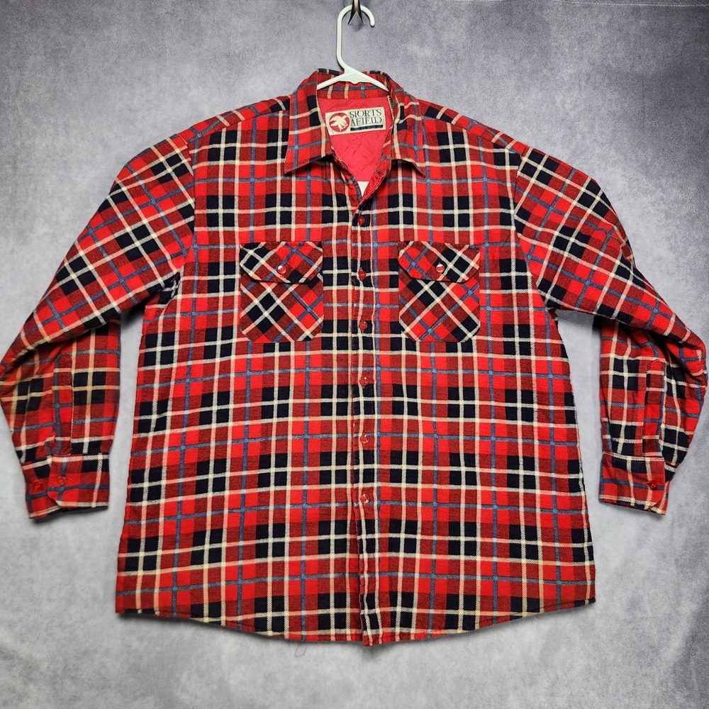 Vtg Sports‎ Afield Flannel Shirt Jacket Quilted Lined Red Plaid Mens XL Field